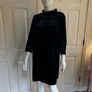Talbots Velvet Plaid Ruffle-Neck Dress in Dark Green and Navy